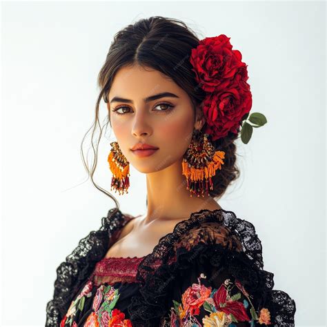 Passionate beautiful Spanish woman in dress with rose flower on head on ...