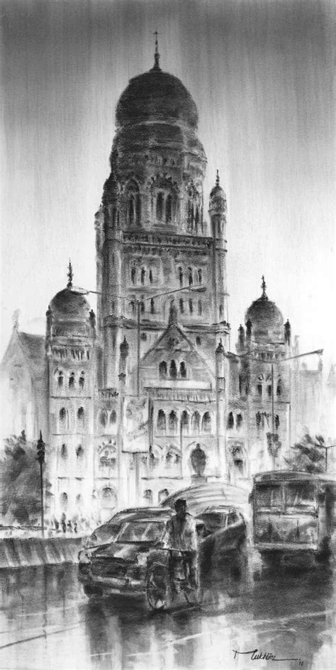 "Cst 20": Grey Charcoal Painting (14x28) by Mukhtar Kazi | ArtZolo.com
