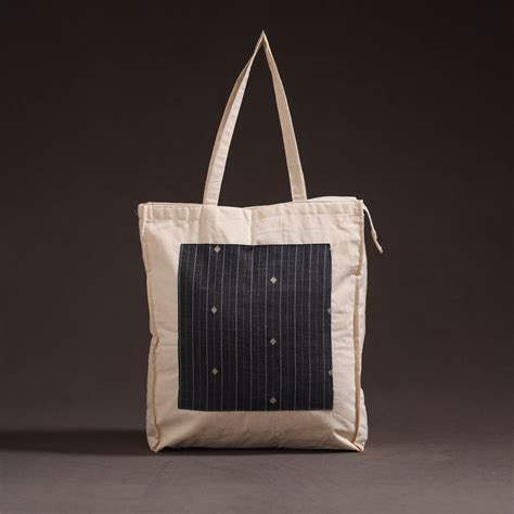 Black Handcrafted Jacquard Patch Canvas Cotton Shoulder Bag