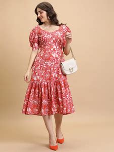 Tokyo Talkies Women Tiered Red, Orange, White Midi/Calf Length Dress ...