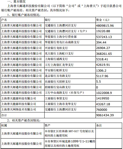 上海普天：银行账户被冻结资产被查封 28日起被“ST”|资产|银行账户|上海普天_新浪新闻
