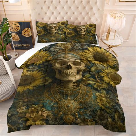 Gothic Skull & Floral Quilt Set (2-3 Pcs)：Includes 1 Quilt with Filling ...