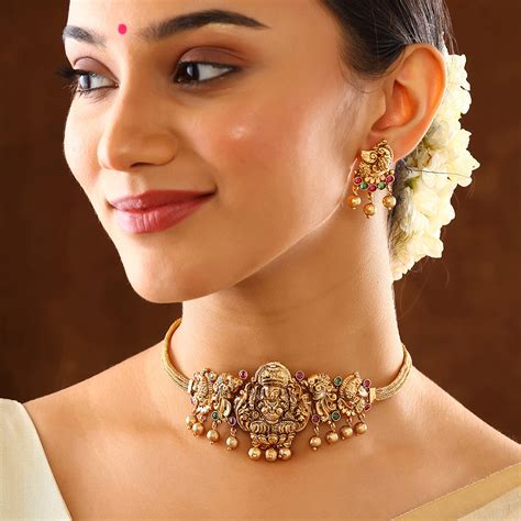 Twin Peacocks with Goddess Lakshmi Attigai Necklace with Gold Plated E ...