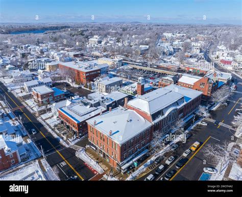 Historic commercial buildings aerial view on Main Street at Natick ...