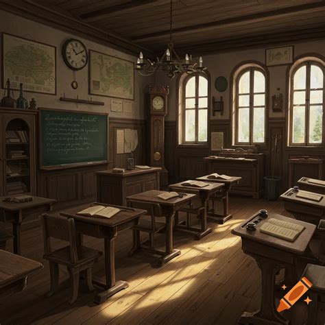 A vintage classroom from 100 years ago, with wooden desks, chairs, a ...