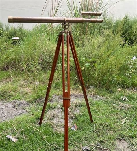 Buy Double Barrel Antique Brass Telescope with Brown Wooden Tripod ...