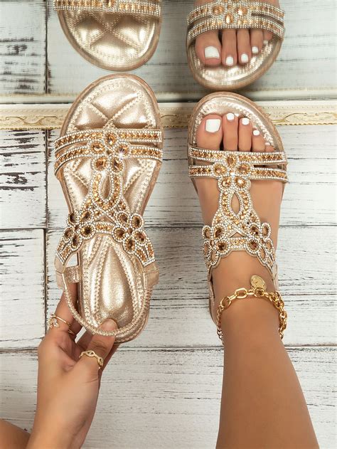 Women Metallic Rhinestone Decor Slingback Sandals, Fashionable Outdoor ...