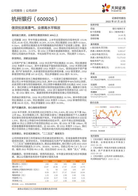 杭州银行（600926）：信贷投放高景气、业绩高水平释放-洞见研报-行业报告