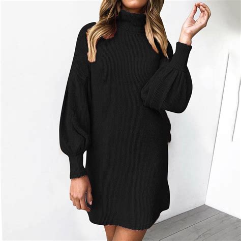 Womens Turtleneck Sweater Dress Ladies Long Sleeve Jumper Mini Dresses ...