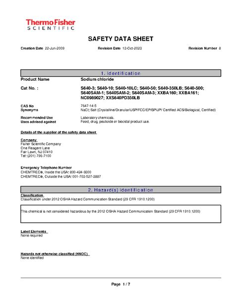 Sodium Chloride MSDS USP FCC 10KG - SAFETY DATA SHEET Creation Date 22 ...
