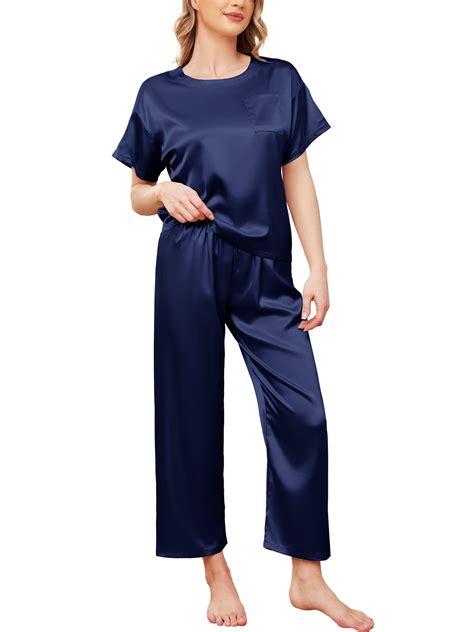 MISS MOLY Womens Satin Silky Pajama Set Short Sleeve Shirt with Long ...