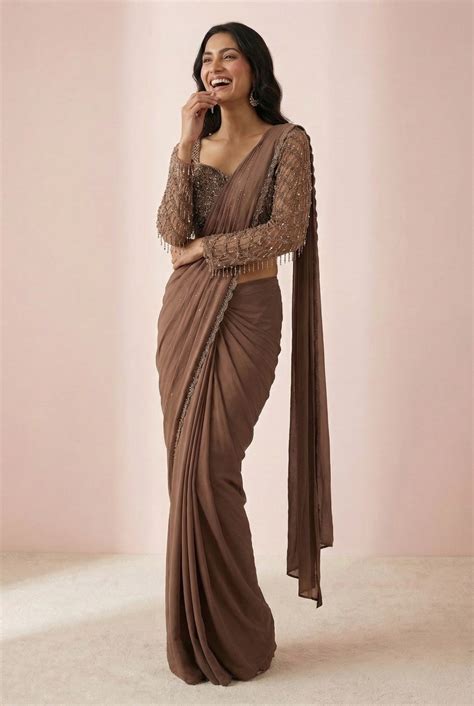 Brown Embroidered Cocktail Drape Saree- Daabu Jaipur - Daabu Jaipur