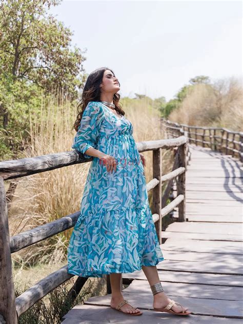 Teal Blue Organza Midi Dress - Ragavi