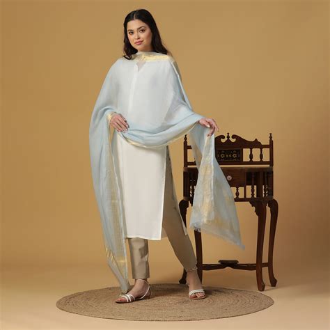 Buy Sky Blue Dobby Woven Zari Dupatta Online | Shingora