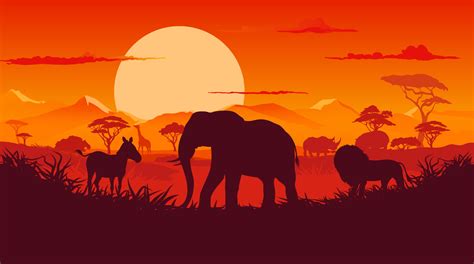 African sunset landscape with animals silhouettes 24081605 Vector Art ...