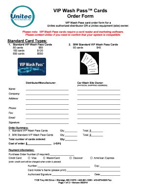 Fillable Online VIP Wash Pass Cards Order Form - Unitec Fax Email Print ...