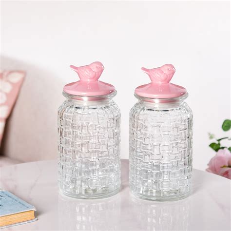 Pink Bird Ceramic Lid Glass Jar Set Of 2 1300ml Online - Premium Jar ...