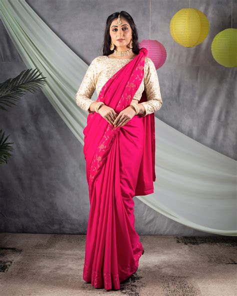 Cerise Pink Plain Japan Satin Saree With Dew Drops Work Lace Border ...