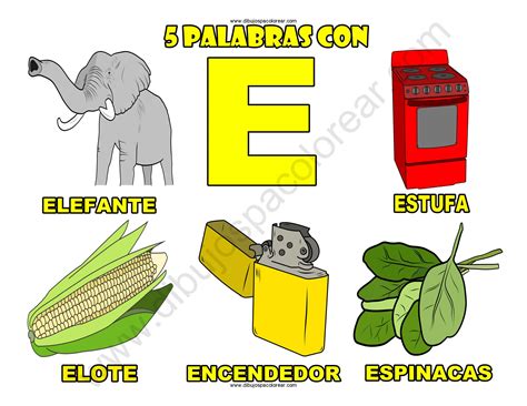 Cinco Palabras con la letra E dibujo a color y para colorear