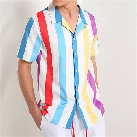 Striped Rainbow Shirt Men Loose Short Sleeve Butto... – Grandado