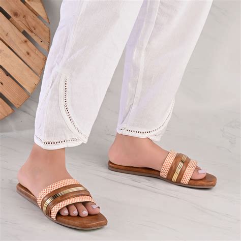 Buy Styli Women Golden Trim Detail Printed Strap Tan Flats Online