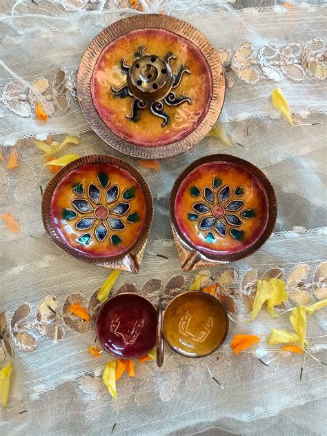 Handcrafted enamel pooja essential set with diya – GoSwadeshi