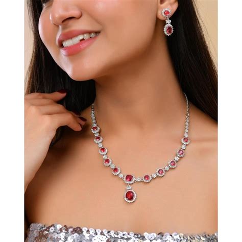 Buy VOJ Silver Plated Red Ad Stone Studded Designer Jewellery Set Online