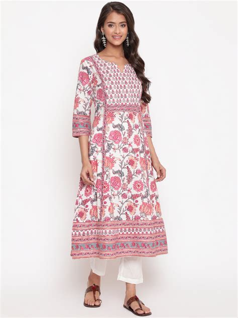 Pink Cotton Floral Embellished Flared Kurta – Savi India