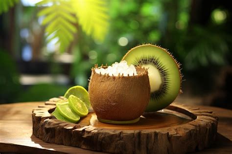 Kiwi juice served in a coconut shell with a slice of lime and a slice ...