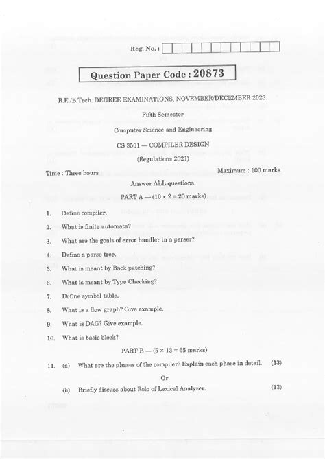 CSE-ND-2023-CS 3501-Compiler Design-98033732-20873 - Reg. No ...