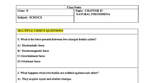 8th Class Science Notes: Chapter 15 Natural Phenomena MCQs - Studocu