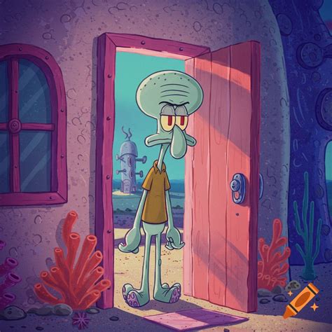 Squidward stands in his doorway, looking out at the beach. Cartoon ...
