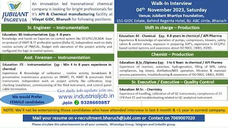 Jubliant ingrevia Vilayat Bharuch Walk in interview for Production ...