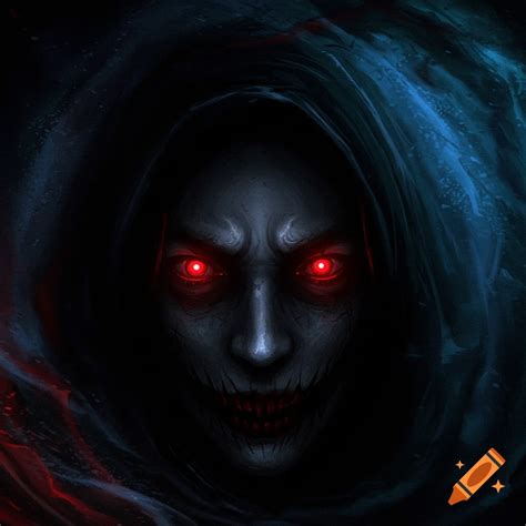 Close-up of a scary face with glowing red eyes peering from a dark hood ...