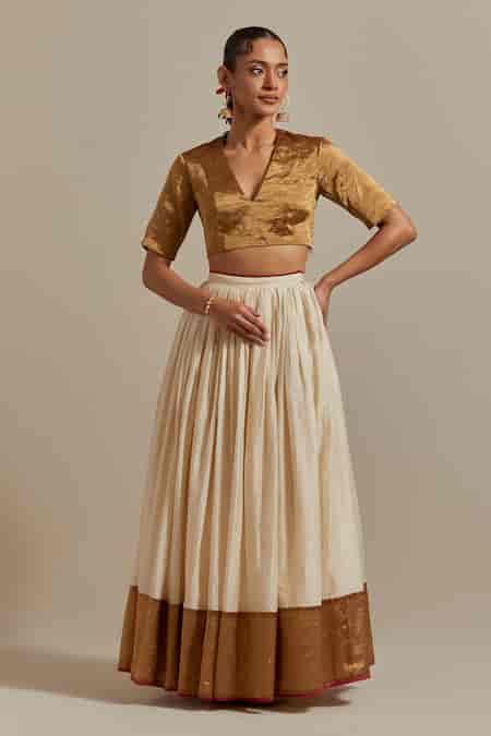 Buy Ivory Chanderi, Silk Lace V-neck Handwoven Gathered Lehenga And ...