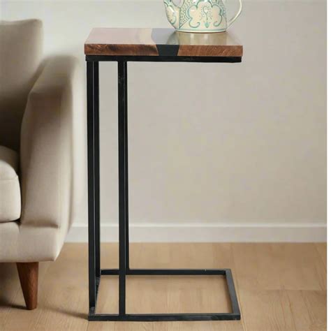 C-Shaped Table – Acacia Wood with Black Resin Finish – Wewood
