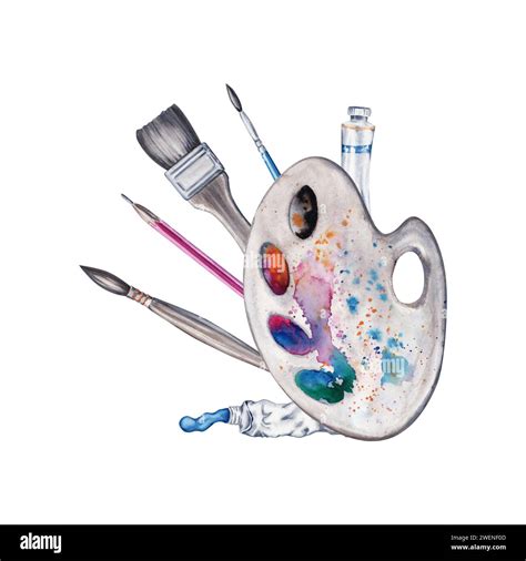 Art composition with paint brushes, palette, pencil, paint tubes ...