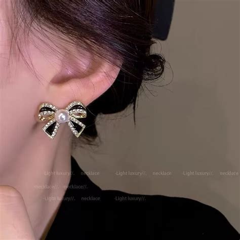 6 Pairs - Black Diamond Pearl Bow Earrings (1 Pair Price - 34 ...