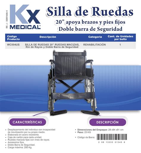 Silla de Ruedas 20 pulgadas, apoya brazos y pies fijos, doble barra de ...