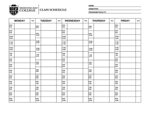 Free Printable Class Schedule Templates [Excel, Word, PDF] College ...