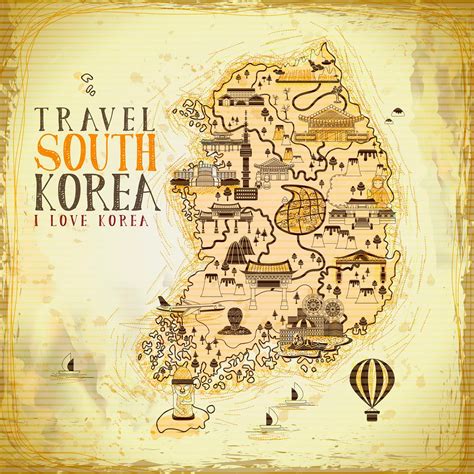 Retro south korea travel map in flat style | Premium Vector