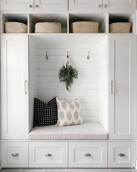 White Mudroom Cabinets with Built-in Bench - Soul & Lane