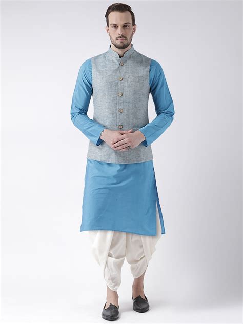 Buy KISAH Men Blue Kurta Jacket and Dhoti (Set of 3) Online