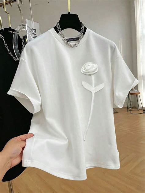 SHEIN Plus Size 3D Floral Print Round Neck Short Sleeve Casual T-Shirt ...