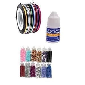 Buy FAMEZA Nail Art Combo of 12 Glitter Bottles, 3 Gm Nail Art Glue and ...