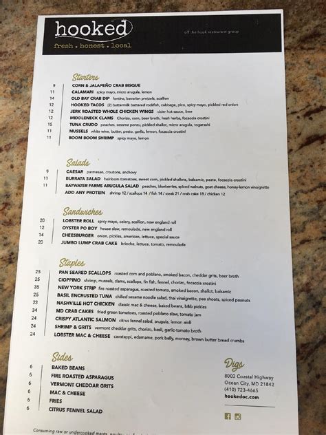 Menu at Hooked restaurant, Ocean City