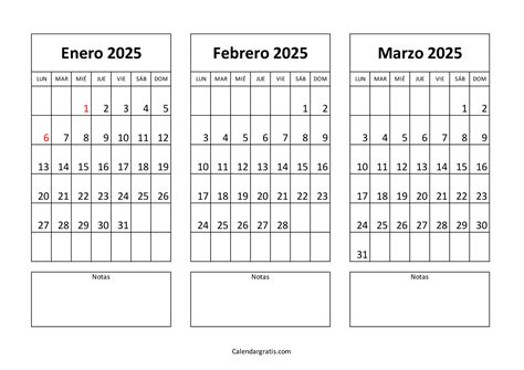 Calendario de enero febrero marzo 2025 para imprimir gratis