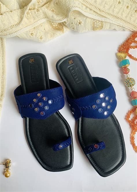 Get Mirror Embellished Dark Blue Detail One Toe Flats at ₹ 1200 | LBB Shop