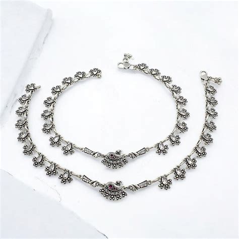 925 Sterling Silver Pink White CZ Oxidized Peacock pajeb Anklet Pair 1 ...