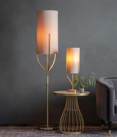 Natural Linen Mix Shaded Floor Lamp in Satin Brass